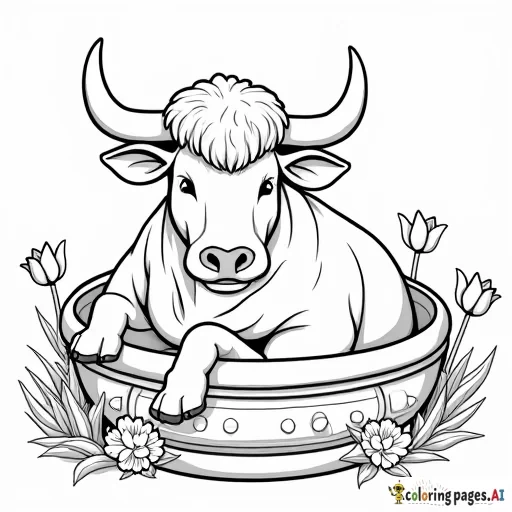 a bull relaxing in a spa setting with tulips around
