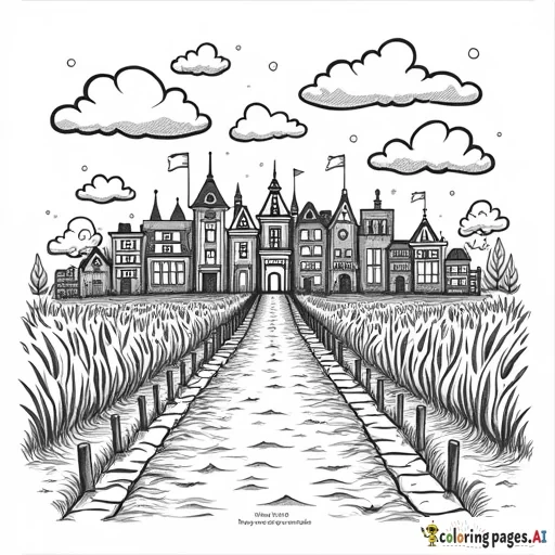 A busy town inside of a crayon box complete with houses or buildings with clear lines and details