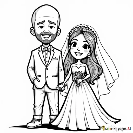 a cartoon bride and groom standing behind the text Tony & Mandy. The bride is a short asian woman with long wavy hair. Her hair is worn down. The groom is a tall caucasian man who is bald and has a beard.