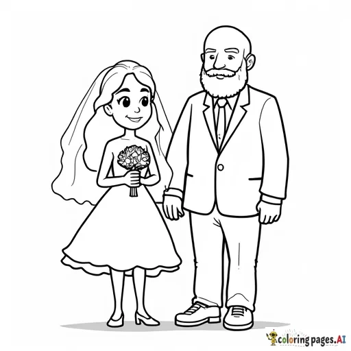 a cartoon bride and groom standing. The bride is a short asian woman with long wavy hair. Her hair is worn down. Her dress is short with a veil. The groom is a very tall caucasian man who is bald and has a beard.