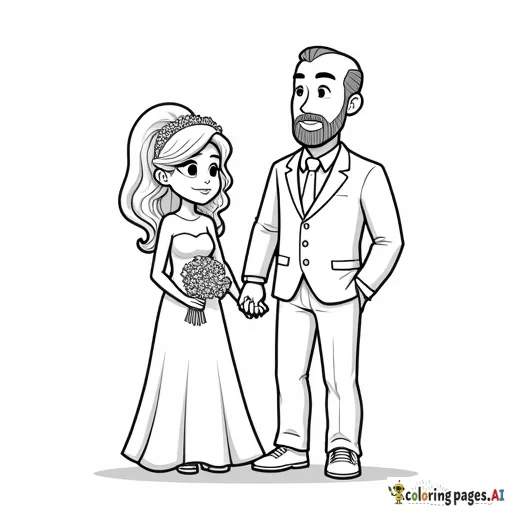 a cartoon bride and groom standing. The bride is a short asian woman with long wavy hair. Her hair is worn down. The groom is a tall handsome caucasian man who is bald and has a beard.