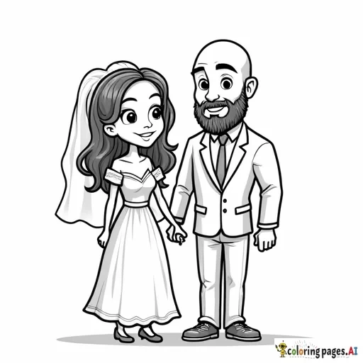 a cartoon bride and groom standing. The bride is a short asian woman with long wavy hair. Her hair is worn down. The groom is a very tall caucasian man who is bald and has a beard.