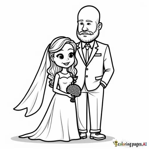 a cartoon bride and groom standing. The bride is a short asian woman with long wavy hair. Her hair is worn down. Her wedding dress is knee-length with a veil. The groom is a very tall caucasian man who is bald and has a beard.