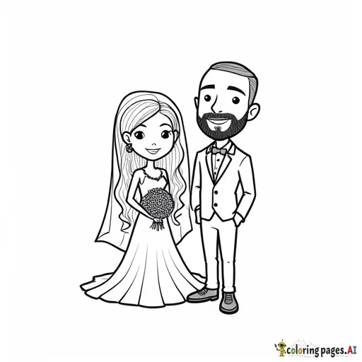 a cartoon bride and groom standing. The bride is a short asian woman with long wavy hair. Her hair is worn down. The groom is a tall handsome caucasian man who is bald and has a beard.