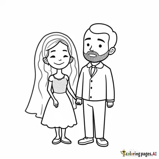 a cartoon bride and groom standing. The bride is a short asian woman with long wavy hair. Her hair is worn down. Her dress is short with a veil. The groom is a very tall caucasian man who is bald and has a beard.