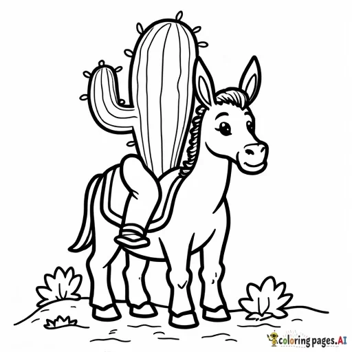 A cartoon cactus riding a donkey