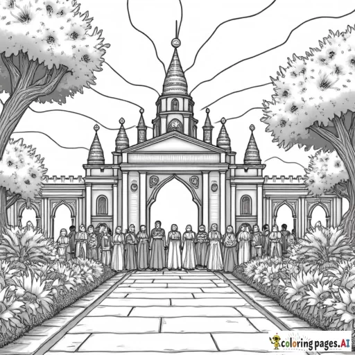 A castle or royal palace shining brightly in a beautiful garden, with people of all ages and backgrounds entering through the gates. Some are wearing crowns and robes, while others are holding books or scrolls, symbolizing the Kingdom of God.
