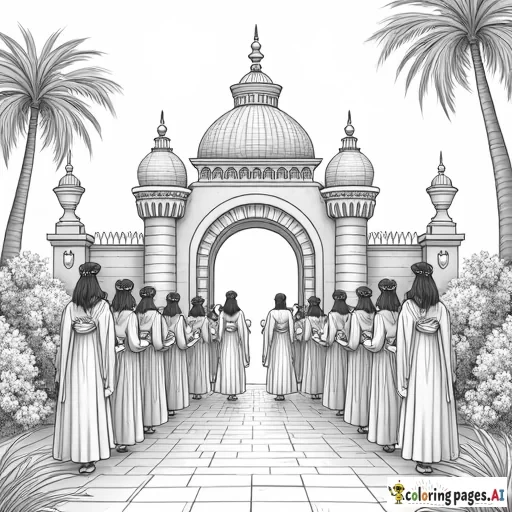 A castle or royal palace shining brightly in a beautiful garden, with people of all ages and backgrounds entering through the gates. Some are wearing crowns and robes, while others are holding books or scrolls, symbolizing the Kingdom of God.