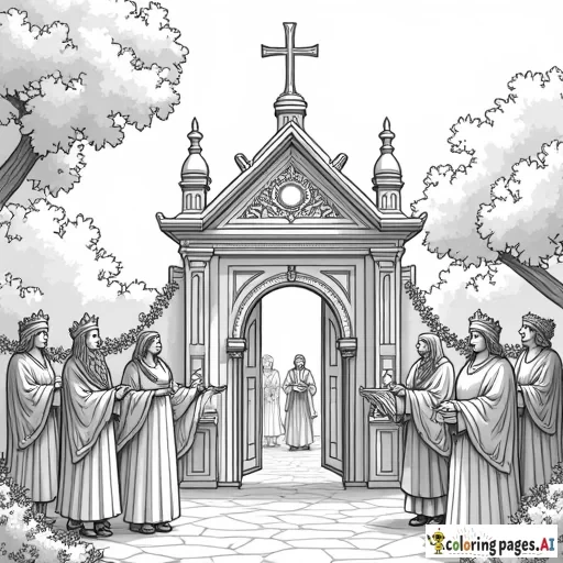 A castle or royal palace shining brightly in a beautiful garden, with people of all ages and backgrounds entering through the gates. Some are wearing crowns and robes, while others are holding books or scrolls, symbolizing the Kingdom of God.