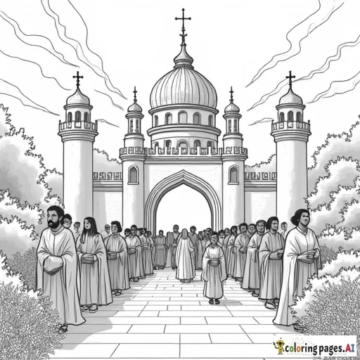 A castle or royal palace shining brightly in a beautiful garden, with people of all ages and backgrounds entering through the gates. Some are wearing crowns and robes, while others are holding books or scrolls, symbolizing the Kingdom of God.