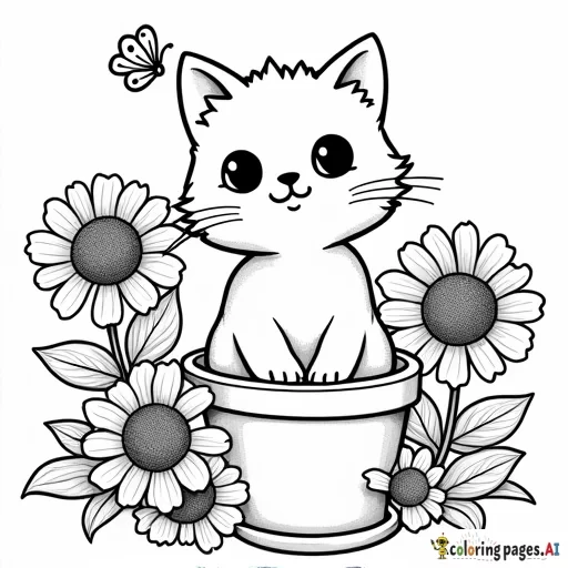A cat sitting upright in a flowerpot, with large sunflowers and daisies framing it, and a butterfly perched on one of its ears. Black outlines with lots of white space to color in the picture. Image with black lines on a white background. Suited for coloring in. Large, closed shapes, coloring book style, no solid fill. No crossed cat eyes or weird extra shapes. All black and white. no color added.
