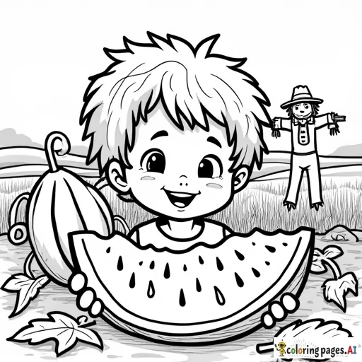 A cheerful child holds a large slice of watermelon, showing the seeds and juicy inside. Behind them, a watermelon vine spreads across the ground, with big leaves and curly tendrils. A whole striped watermelon is still growing on the vine. A scarecrow stands in the background, giving it a fun farm setting. The entire drawing is ONLY in black and white with thick outlines, making coloring simple and fun for kids.