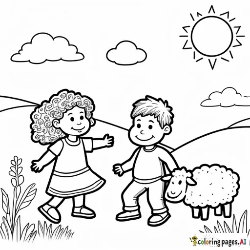 A cheerful scene with two children, Almila and Timur. Almila is a 5-year-old girl with curly hair, smiling and playing, while Timur, a 3-year-old boy, is next to her, also having fun. They are both standing in a beautiful meadow with two fluffy sheep grazing nearby. The background has simple hills, a few clouds in the sky, and a bright sun shining. The entire scene is outlined with thick, clear lines and left open for coloring, leaving large areas of white space.