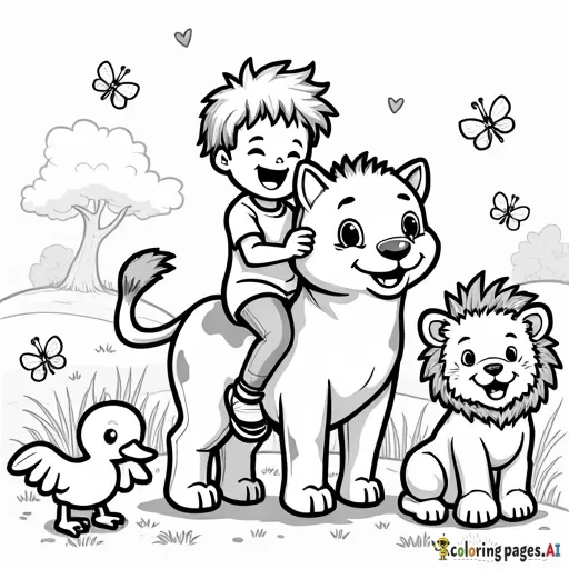 a cheerful young boy riding a friendly cat, surrounded by smiling animals. Nearby, a happy cow, a duck, a lion, a tiger cub, and several butterflies are all laughing and enjoying the moment. The background includes a peaceful, grassy field with a few trees in the distance. All characters have joyful expressions, creating a playful and heartwarming scene perfect for coloring, with simple and clear outlines.