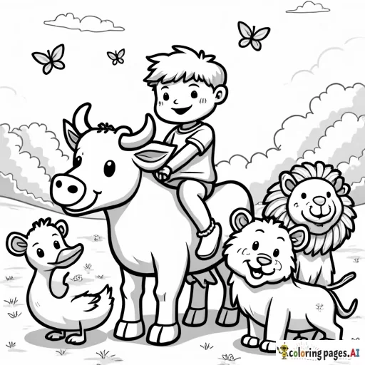a cheerful young boy riding a friendly cow, surrounded by smiling animals. Nearby, a happy cow, a duck, a lion, a tiger cub, and several butterflies are all laughing and enjoying the moment. The background includes a peaceful, grassy field with a few trees in the distance. All characters have joyful expressions, creating a playful and heartwarming scene perfect for coloring, with simple and clear outlines.