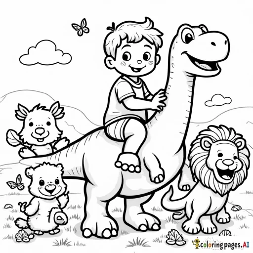 a cheerful young boy riding a friendly dinosaur, surrounded by smiling animals. Nearby, a happy cow, a duck, a lion, a tiger cub, and several butterflies are all laughing and enjoying the moment. The background includes a peaceful, grassy field with a few trees in the distance. All characters have joyful expressions, creating a playful and heartwarming scene perfect for coloring, with simple and clear outlines.