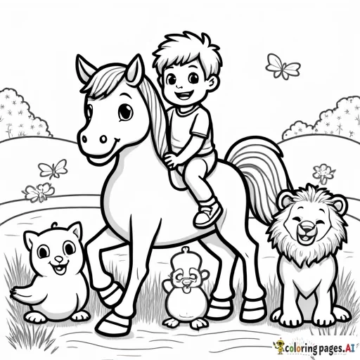 a cheerful young boy riding a friendly horse, surrounded by smiling cats. Nearby, a happy cow, a duck, a lion, a tiger cub, and several butterflies are all laughing and enjoying the moment. The background includes a peaceful, grassy field with a few trees in the distance. All characters have joyful expressions, creating a playful and heartwarming scene perfect for coloring, with simple and clear outlines.