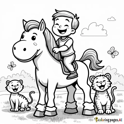 a cheerful young boy riding a friendly horse, surrounded by smiling cats. Nearby, a happy cat, a baby duck, a baby lion, a tiger cub, and several butterflies are all laughing and enjoying the moment. The background includes a peaceful, grassy field with a few trees in the distance. All characters have joyful expressions, creating a playful and heartwarming scene perfect for coloring, with simple and clear outlines.