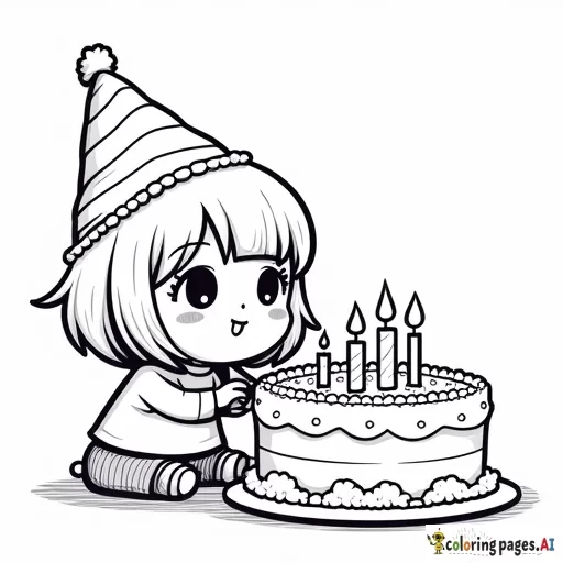 a chibi blowing out birthday candles on a decorated cake