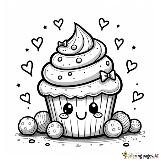 A chibi cupcake with a happy face, swirls of frosting with bows and sprinkles, surrounded by floating candy, stars, and kawaii doodle hearts.