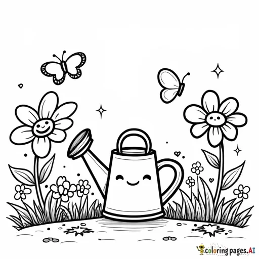 A chibi garden scene with a smiling watering can, cheerful flowers with cute faces, fluttering butterflies, and playful vines curling in soft patterns.