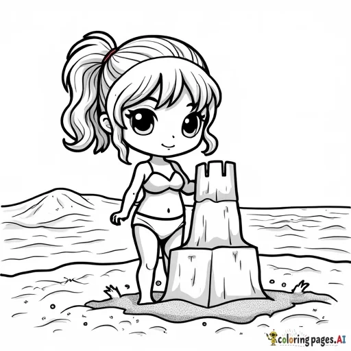 a chibi girl wearing a bikini building a sand castle on a beach