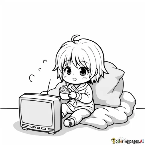 A chibi in pajamas watching tv while eating chips