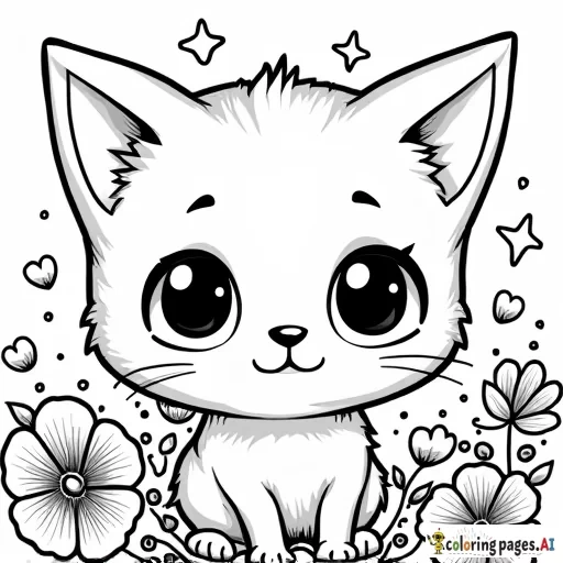 A chibi-style cat with big sparkling eyes, surrounded by oversized, whimsical flowers and tiny floating hearts and stars.andle.