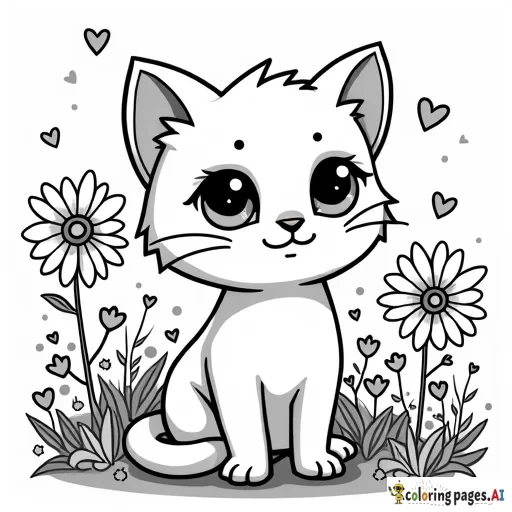 A chibi-style cat with big sparkling eyes, surrounded by oversized, whimsical flowers and tiny floating hearts and stars.andle.