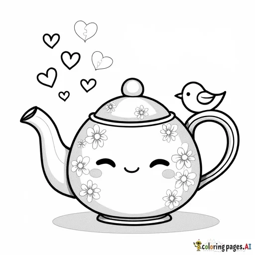 A chibi teapot with a smiling face, decorated with pastel floral patterns, with a chubby bird perched on the spout and steam forming cute shapes like hearts and bows.