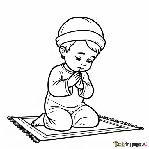 A child praying salah with a prayer mat. - Free Printable Coloring Page