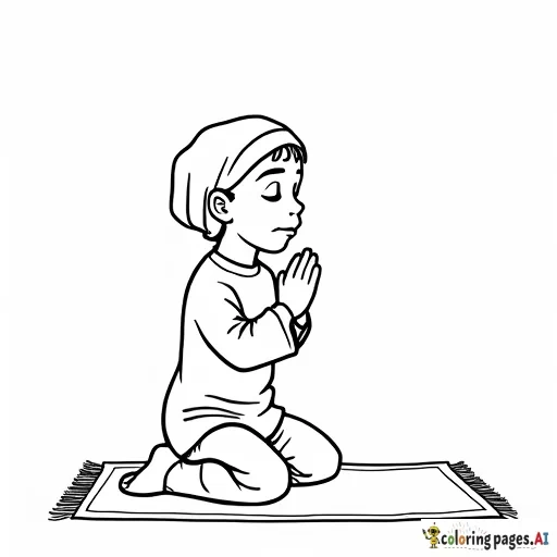 A child praying salah with a prayer mat. - Free Printable Coloring Page