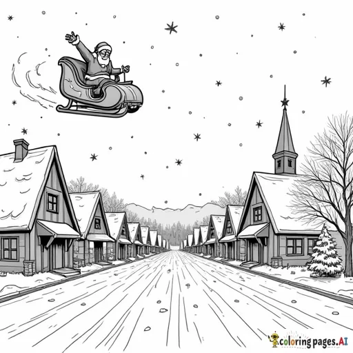 a christmas town with Spiderman and Santa flying above in Santa's sleigh