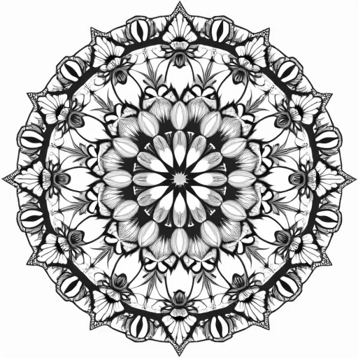 "A circular mandala filled with a variety of wildflowers, each bloom delicately outlined and surrounded by lace-like patterns. The petals of the flowers are fine and detailed, with small accents of tiny leaves and seeds scattered within the mandala. The outer ring of the design features intricate lace elements, creating a balanced and calming design perfect for adult coloring, with soft flowing lines and a clean structure."