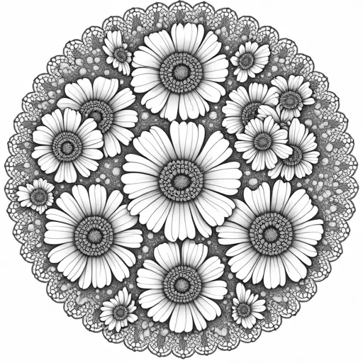 "A circular mandala filled with a variety of wildflowers, each bloom delicately outlined and surrounded by lace-like patterns. The petals of the flowers are fine and detailed, with small accents of tiny leaves and seeds scattered within the mandala. The outer ring of the design features intricate lace elements, creating a balanced and calming design perfect for adult coloring, with soft flowing lines and a clean structure."