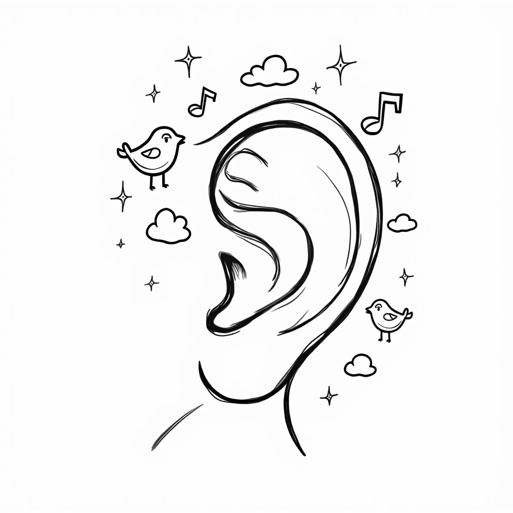 A close-up, detailed but simple outline of a human ear, surrounded by fun, playful elements to make learning about the ear interesting for kids. Around the ear, there are tiny sound waves, musical notes, and cute little birds chirping, representing how we hear sounds. The background features a bright, cheerful sky with clouds and stars, making the scene engaging and easy to color. The shapes are large and rounded, perfect for young kids to enjoy while learning about the ear and its importance.
