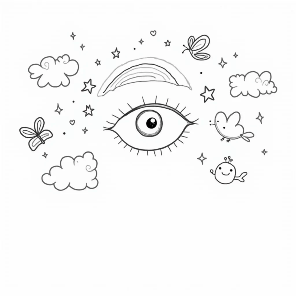 A close-up, simple and child-friendly outline of a human eye, with long eyelashes and a friendly expression. Around the eye, there are playful elements like tiny stars, hearts, and colorful rainbows to symbolize the magic of sight. A few cute butterflies and birds are flying nearby, representing the beautiful things we can see with our eyes. The background is light and fun, with clouds and sunshine, making the scene both educational and enjoyable to color. The shapes are large and clear, perfect for young children.