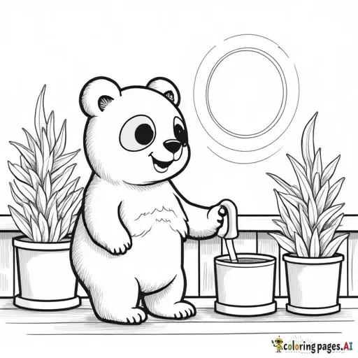 A coco wyo inspired coloring page A panda watering balcony plants during sunset