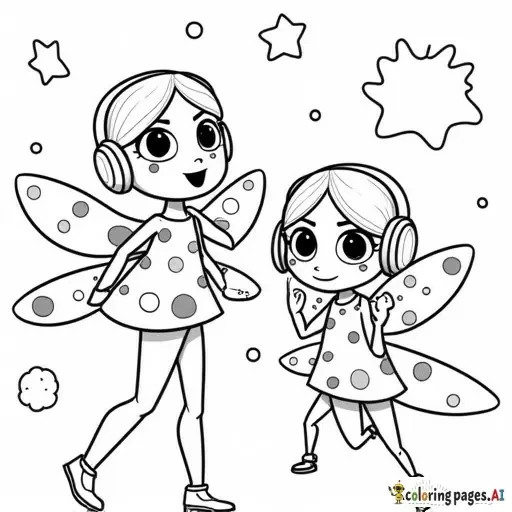 A coco wyo inspired coloring page with the two ladybug characters, flying through the night shy. One should be listening to music using a walkman and headphones