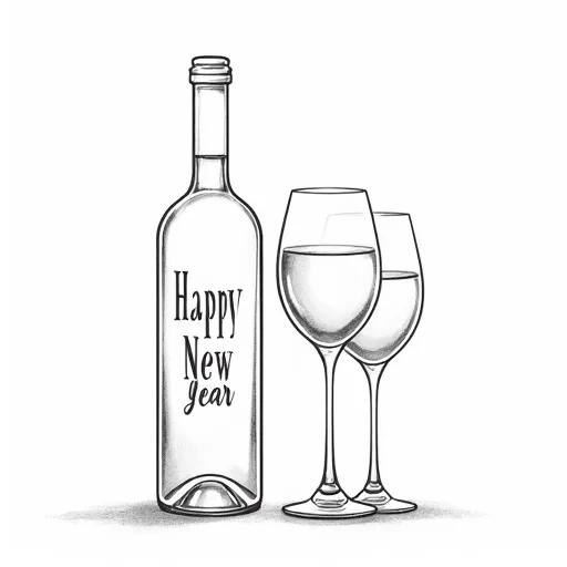 A color book image of a bottle of wine, 2 wine glasses with the words Happy New Year written on it. On a solid white background.