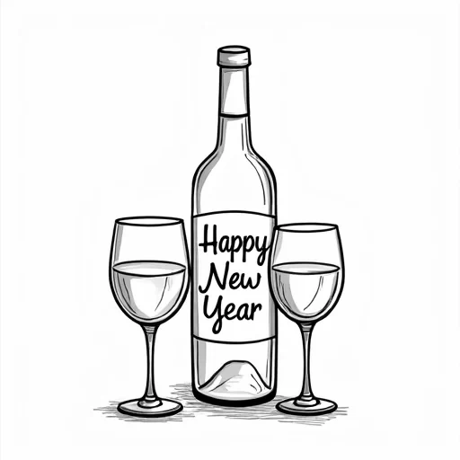 A color book image of a bottle of wine, 2 wine glasses with the words Happy New Year written on it. On a solid white background.