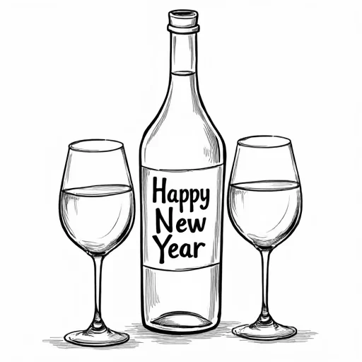 A color book image of a bottle of wine, 2 wine glasses with the words Happy New Year written on it. On a solid white background.