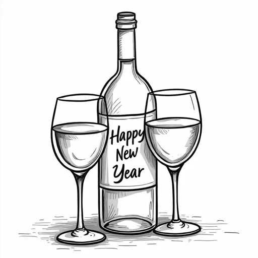 A color book image of a bottle of wine, 2 wine glasses with the words Happy New Year written on it. On a solid white background.