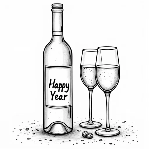 A color book image of a bottle of wine, 2 wine glasses with the words Happy New Year written on it. On a solid white background.
