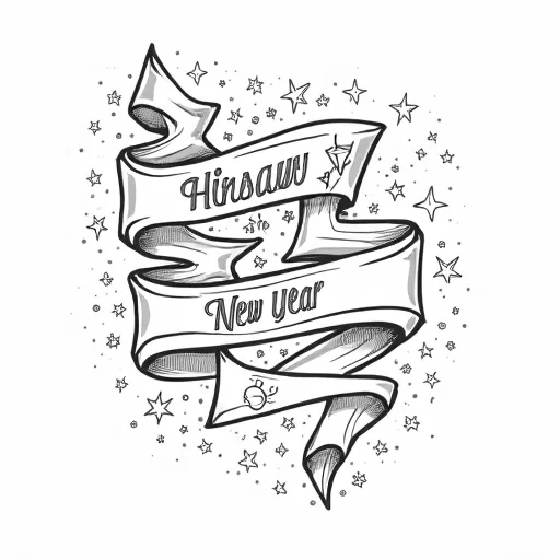 A color book image ribbon with the words Happy New Year written on it. On a solid white background.