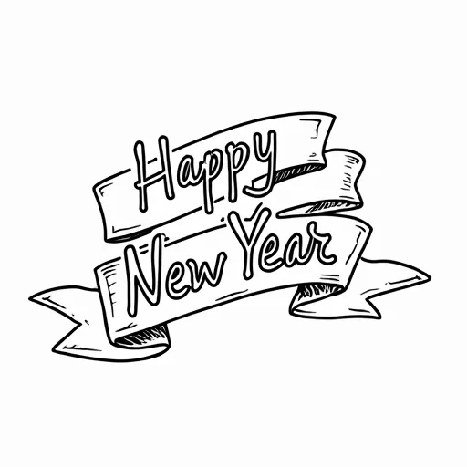 A color book image ribbon with the words Happy New Year written on it.  On a solid white background.
