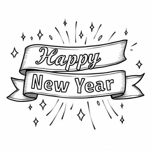 A color book image ribbon with the words Happy New Year written on it. On a solid white background.