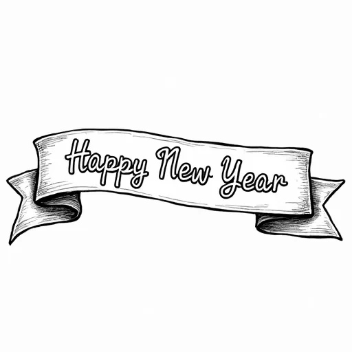 A color book image ribbon with the words Happy New Year written on it.  On a solid white background.