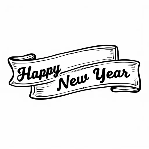 A color book image ribbon with the words Happy New Year written on it.  On a solid white background.