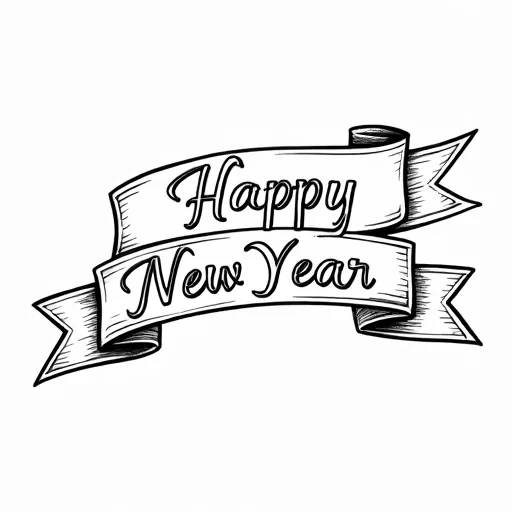 A color book image ribbon with the words Happy New Year written on it. On a solid white background.